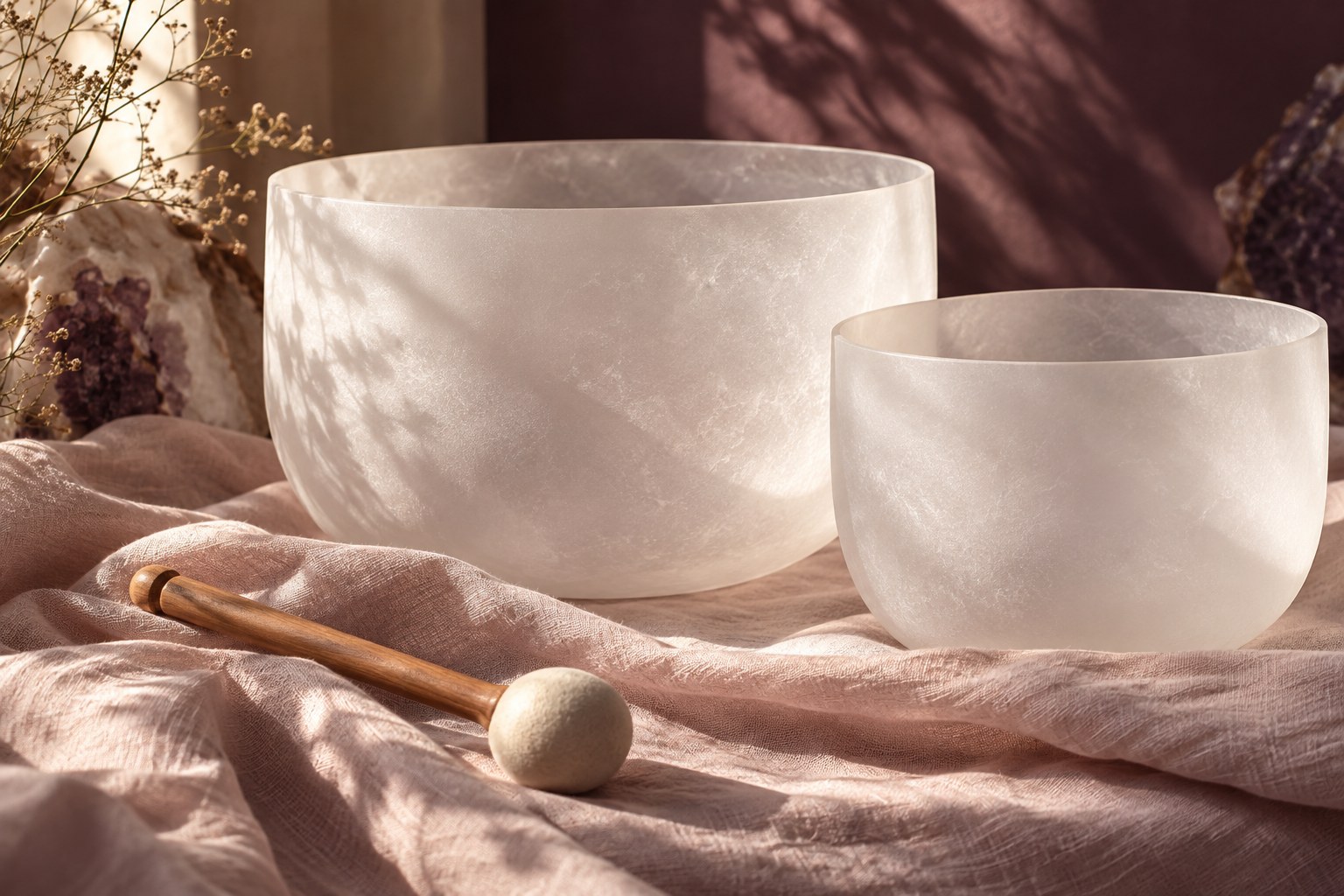 Crystal singing bowls resting on soft linen in warm sunlight